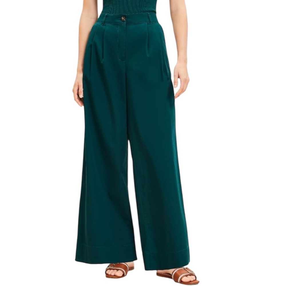 Loft Cotton Poplin Trousers Ultra Wide Leg Pleated Alpine Green Women’s Size 6